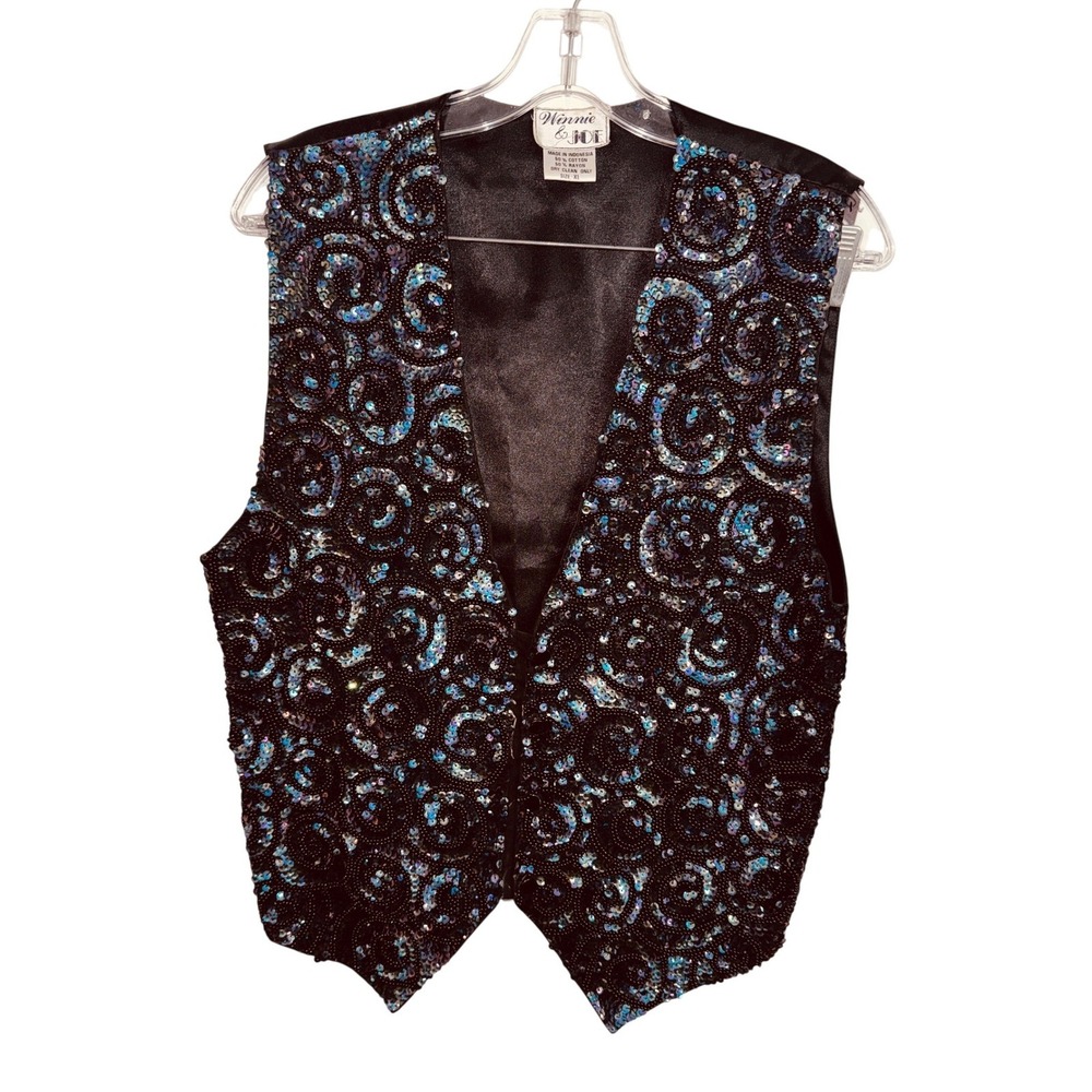 Vintage Beaded Sequin Vest XL Black Iridescent Blue Swirl Glam Disco Y2k Retro